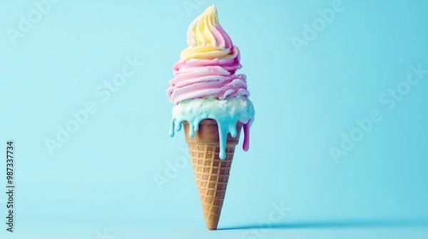 Fototapeta Soft serve ice cream cone melting and dripping on a light blue background, colorful and playful design