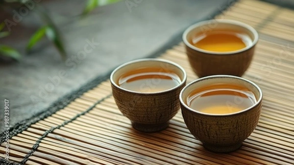 Fototapeta Two dainty cups of hot tea set atop a bamboo mat, evoking calm and tranquility.