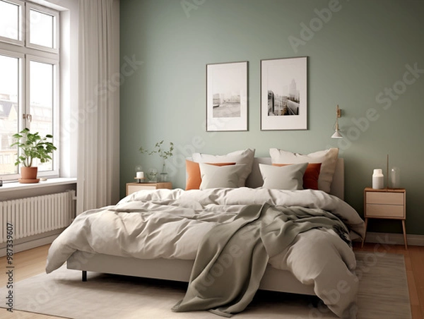 Fototapeta Wabi sabi and japandi japanese style rustic bedroom interior with sage walls and bed with pillows. Minimalist rustic interior.
