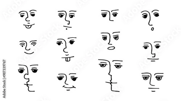 Fototapeta Set of hand drawn liner pen faces. Stares and glances of cartoon characters.