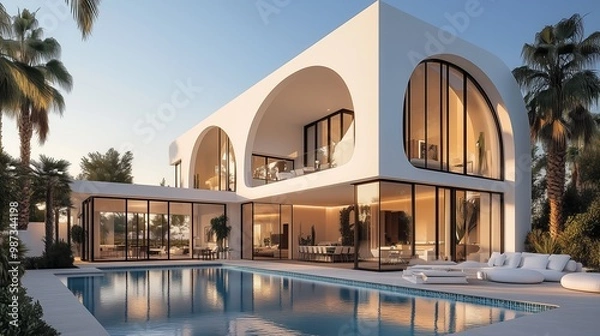 Fototapeta luxury minimalist modern beach villa with pool, with arched windows and white concrete architecture, palm trees, blue sky, golden hour