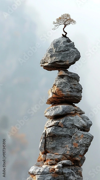 Fototapeta delicate balance of a rock cairn against the backdrop of a serene natural landscape. Sense of peace, harmony, and the importance of finding balance in life.