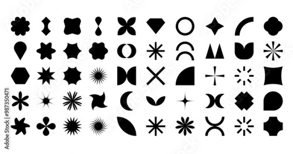 Fototapeta Vector set of black brutalist geometric shapes. Trendy abstract minimalist figures, stars, flowers, circles. Modern abstract graphic design elements. Memphis figures, modern swiss