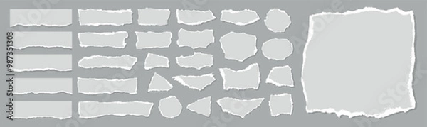 Obraz Set of white ripped paper stripes. Realistic papers scrap with torn edges. Notepad torn papers for message note, page or banner. Vector collection.