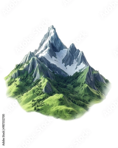 Fototapeta Mountain scenery with lush green hills and snow-capped peaks on a white isolate background.