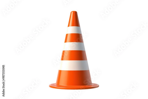 Fototapeta Traffic cone with orange and white stripes, isolated on white background, symbolizing road work and safety.
