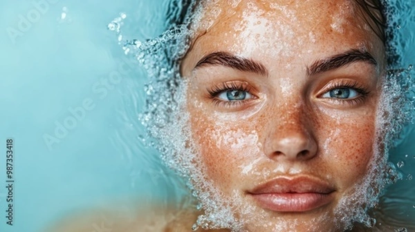 Fototapeta A close-up image captures a woman with freckles and clear blue eyes partially submerged in water, symbolizing tranquility, relaxation, and natural beauty.