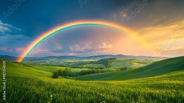 Fototapeta A vibrant rainbow arcs across a stormy sky over lush green hills, with golden hour lighting creating a dramatic landscape and vivid countryside panorama.