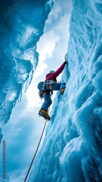 Fototapeta Ice climbing, climbing on an ice wall, blue sky with white clouds