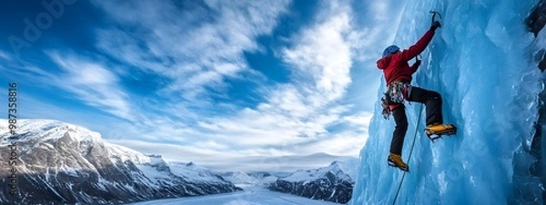 Fototapeta Ice climbing, climbing on an ice wall, blue sky with white clouds
