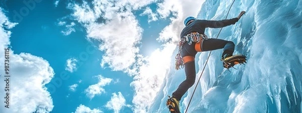Fototapeta Ice climbing, climbing on an ice wall, blue sky with white clouds