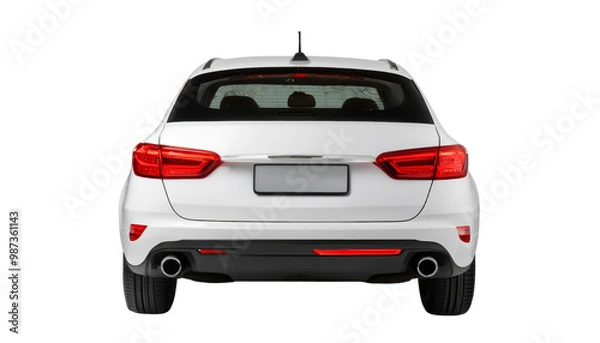 Fototapeta Rear view of a modern white car with a sleek design and visible taillights, perfect for automotive and transportation stock photos.