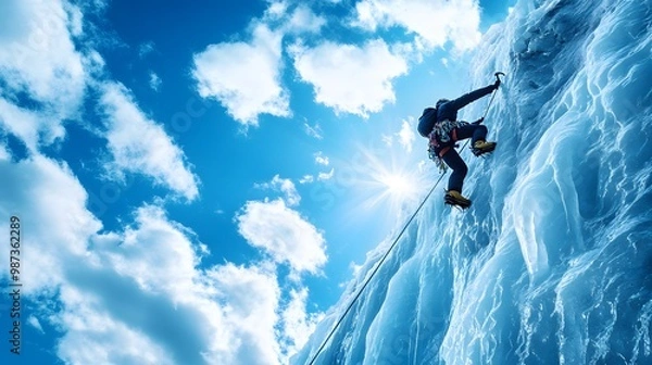 Fototapeta Ice climbing, climbing on an ice wall, blue sky with white clouds