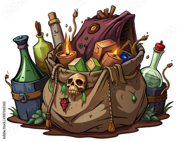 Obraz A large, worn-out cloth bag filled with eerie contents. Inside the bag are bottles of poison, dead animal carcasses.