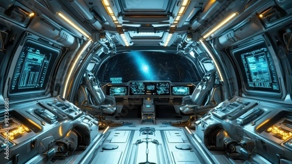 Fototapeta futuristic spaceship interior with sleek metallic surfaces holographic displays glowing energy conduits advanced control panels distant stars visible through viewport