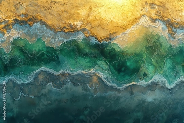Fototapeta Aerial view of colorful coastal seashore with blue and golden hues