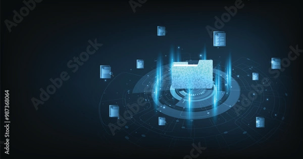 Fototapeta Document management and Data transfer through cloud technology. Exchange data with modern internet technology on a dark blue background. Files data system relocation concept.	