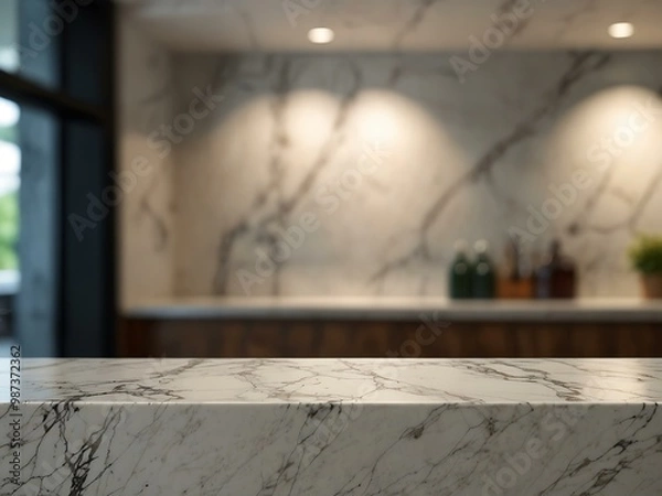 Fototapeta Empty marble counter, featuring blurred background for versatility.