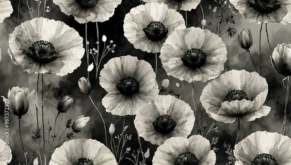 Fototapeta Ethereal watercolor poppies in monochrome, elegant illustration.