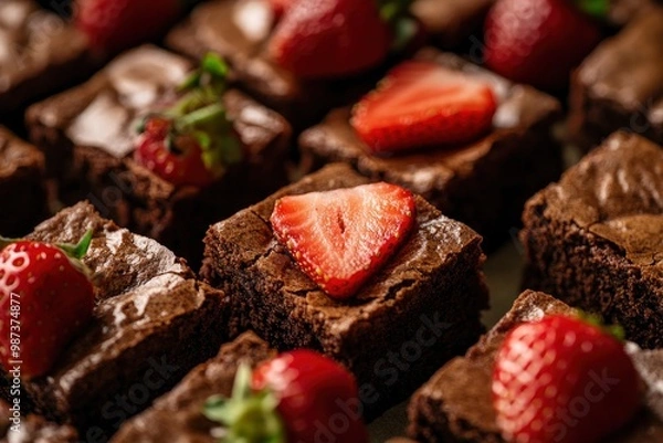 Fototapeta Brownies with strawberries background, ai