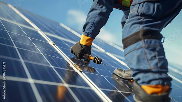 Fototapeta Technician connecting solar panels atop the roof