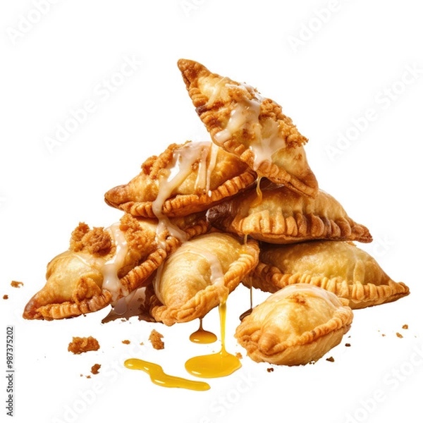 Fototapeta A variety of falling chicken empanadas with golden, flaky crusts on a, white background