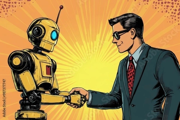 Obraz Retro comic book entrepreneur shaking hands with a robot assistant, bright colors