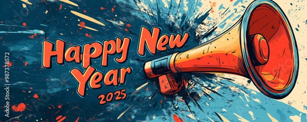 Fototapeta Megaphone with a comic book burst effect and Happy New Year 2025 in bold, dramatic lettering