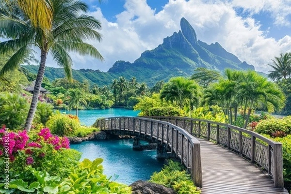 Obraz The French Polynesian island of Bora Bora is like a tropical paradise, with Mount Otemanu rising above a clear lagoon.
