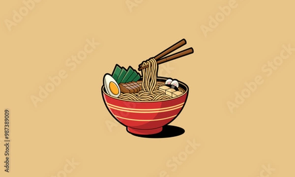 Fototapeta Bowl of ramen with chopsticks and toppings vector.