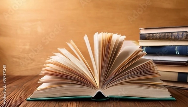 Fototapeta A book is open on a wooden table with several other books stacked on top of it. The open book is a novel, and the other books are various sizes and colors