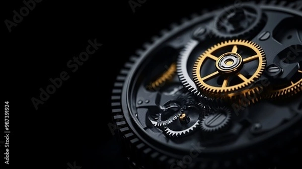 Fototapeta A detailed close-up of golden and black gears in a mechanical watch, showcasing the intricate craftsmanship and precision of industrial design