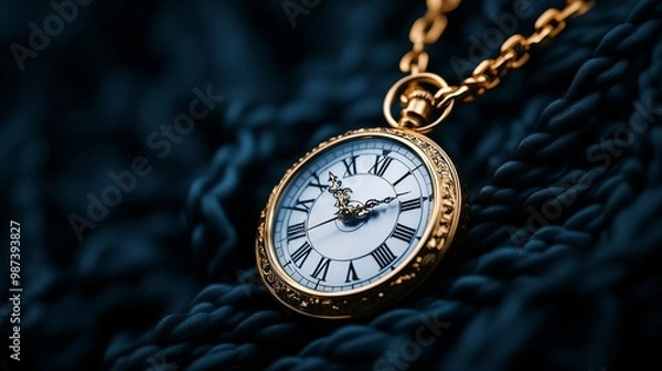 Fototapeta A close-up of an elegant gold pocket watch with Roman numerals, set against a dark textured background, symbolizing timelessness and luxury