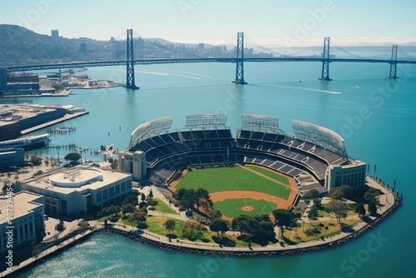 Fototapeta Aerial view of a baseball stadium at sunset near the coast