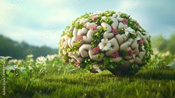 Fototapeta Conceptual 3D of Human Brain Covered in Lush Verdant Flora Thriving Over Peaceful Grassy Knoll Background   Symbolizing the Flourishing of the Mind Knowledge and Intellectual Capacities in a Natural
