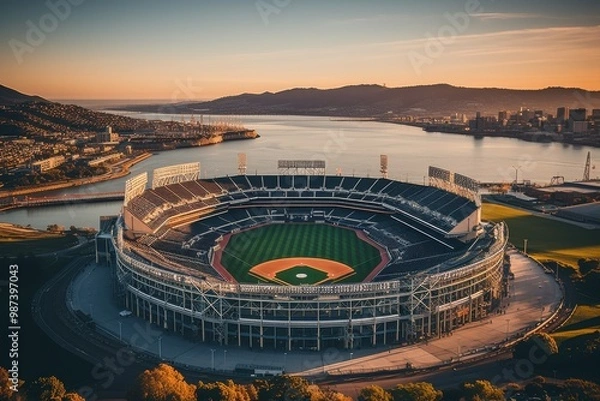 Fototapeta Aerial view of a baseball game with city skyline backdrop