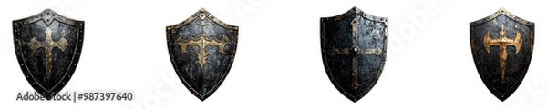 Fototapeta Set, collection of Iconic fantasy black knights shield isolated on transparent background.