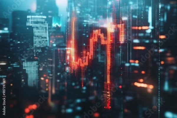 Fototapeta Abstract falling candlestick forex graph and dollar on blurry city wallpaper. Crisis and finance concept. generative ai