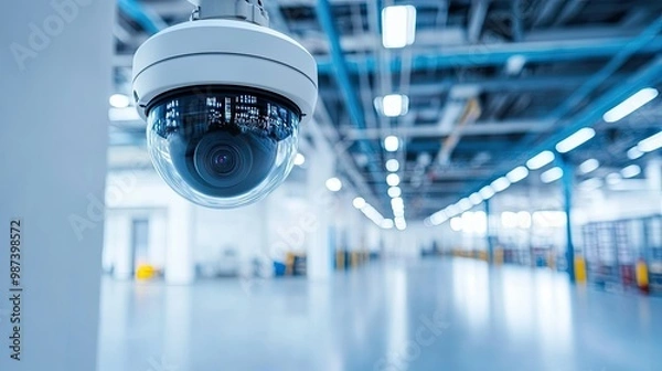 Fototapeta Dome camera on a ceiling of an industrial facility, with plenty of empty wall space for copy.