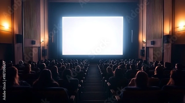 Obraz Movie theater interior with empty red seats facing a large screen