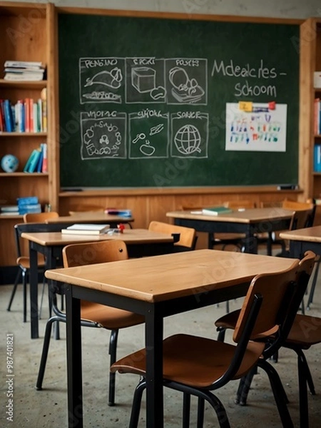 Fototapeta Modern classroom emphasizing back-to-school elements.