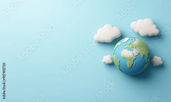 Fototapeta A colorful globe surrounded by fluffy clouds against a blue background, symbolizing global awareness and environmental themes.