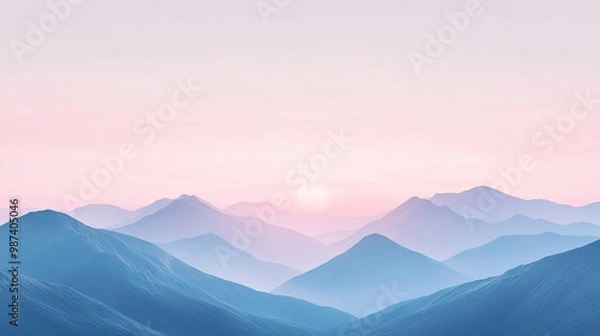 Fototapeta Flat lay of a sunrise over the mountains, with soft pink and blue hues in the sky and plenty of room for copy space above the peaks.