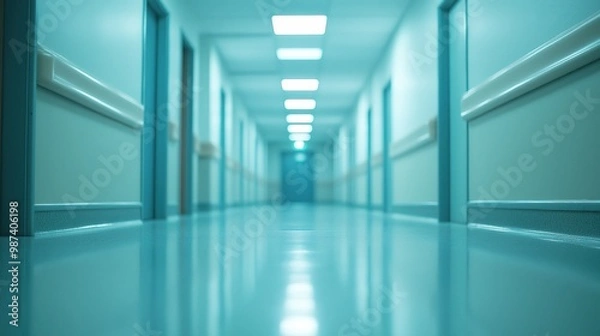 Fototapeta A sterile hospital hallway with closed doors, bright fluorescent lights, and reflective flooring, evoking a clinical, quiet atmosphere.