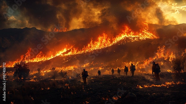 Fototapeta 消防隊による山火事鎮火活動