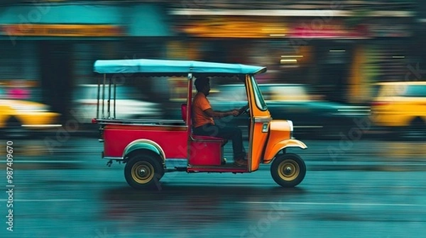 Fototapeta Side view of a colorful tuk tuk on a busy street, with a large blank area above for adding promotional text or product information.