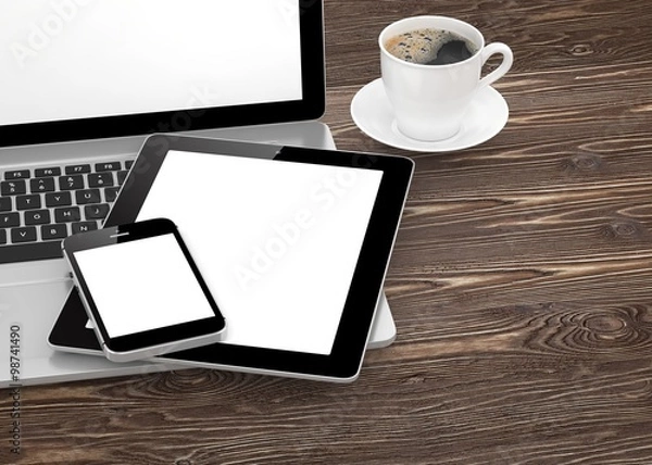 Fototapeta Laptop, phone, tablet pc and coffee.
