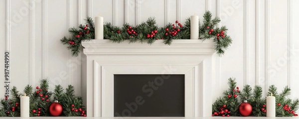 Fototapeta beautifully decorated fireplace adorned with festive garlands, red ornaments, and white candles, creating warm and inviting holiday atmosphere