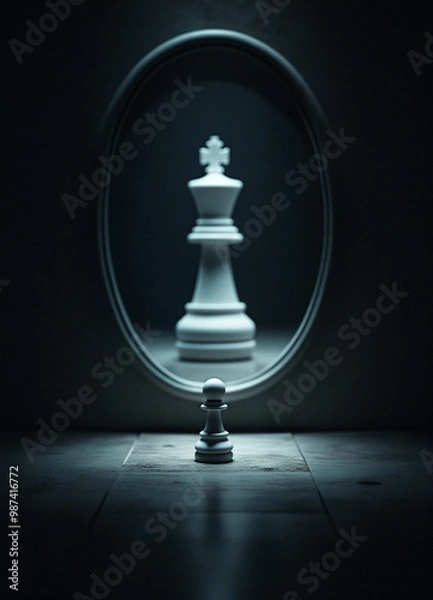 Fototapeta White pawn standing looking in mirror seeing king reflection