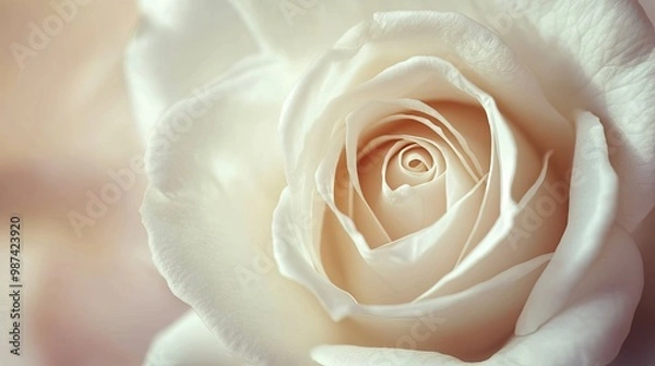 Fototapeta Top view of a white rose with a soft-focus background, leaving plenty of room on one side for copy or promotional information.